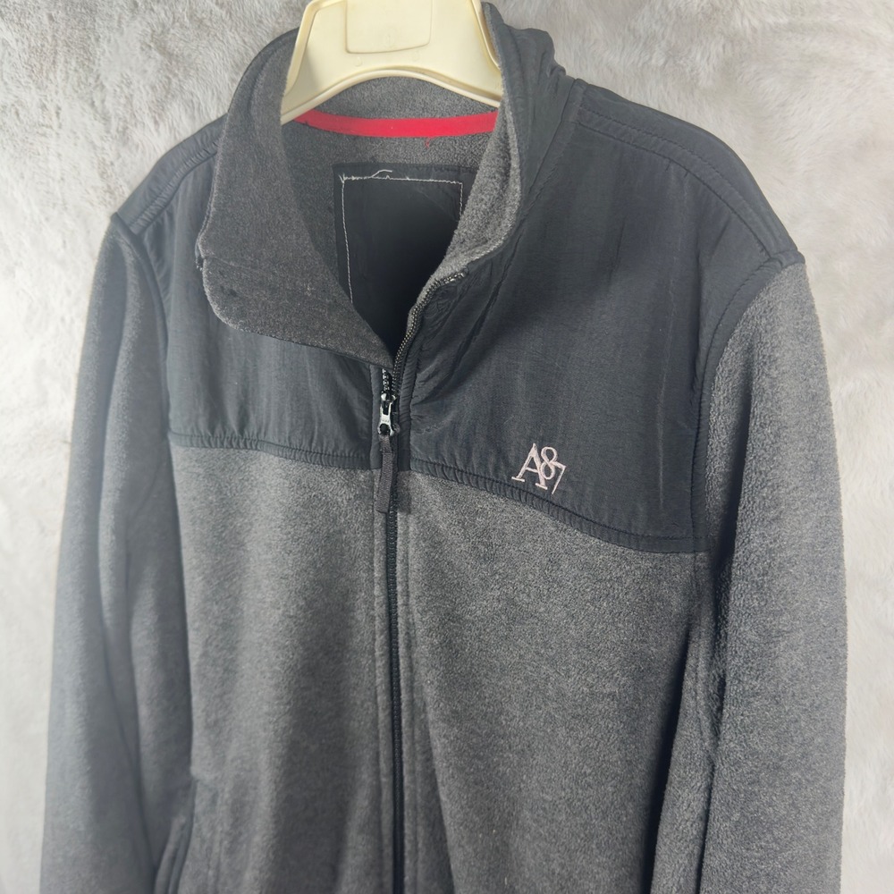 Aeropostale A87 Mens Full Zip‎ Fleece Jacket Grey Black Mixed Media Mock Neck L